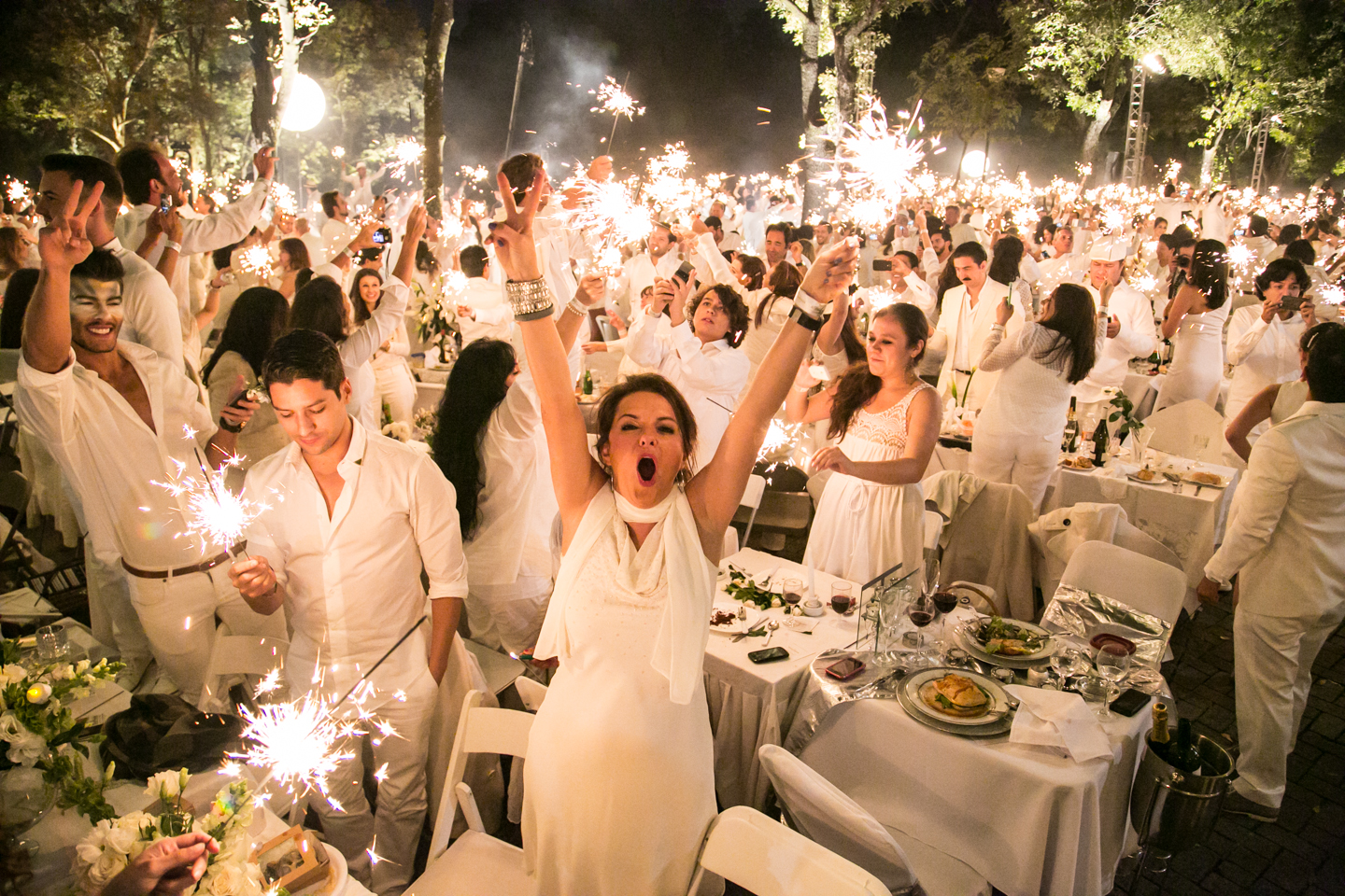 Guests in white hold up sparklers, express excitement.